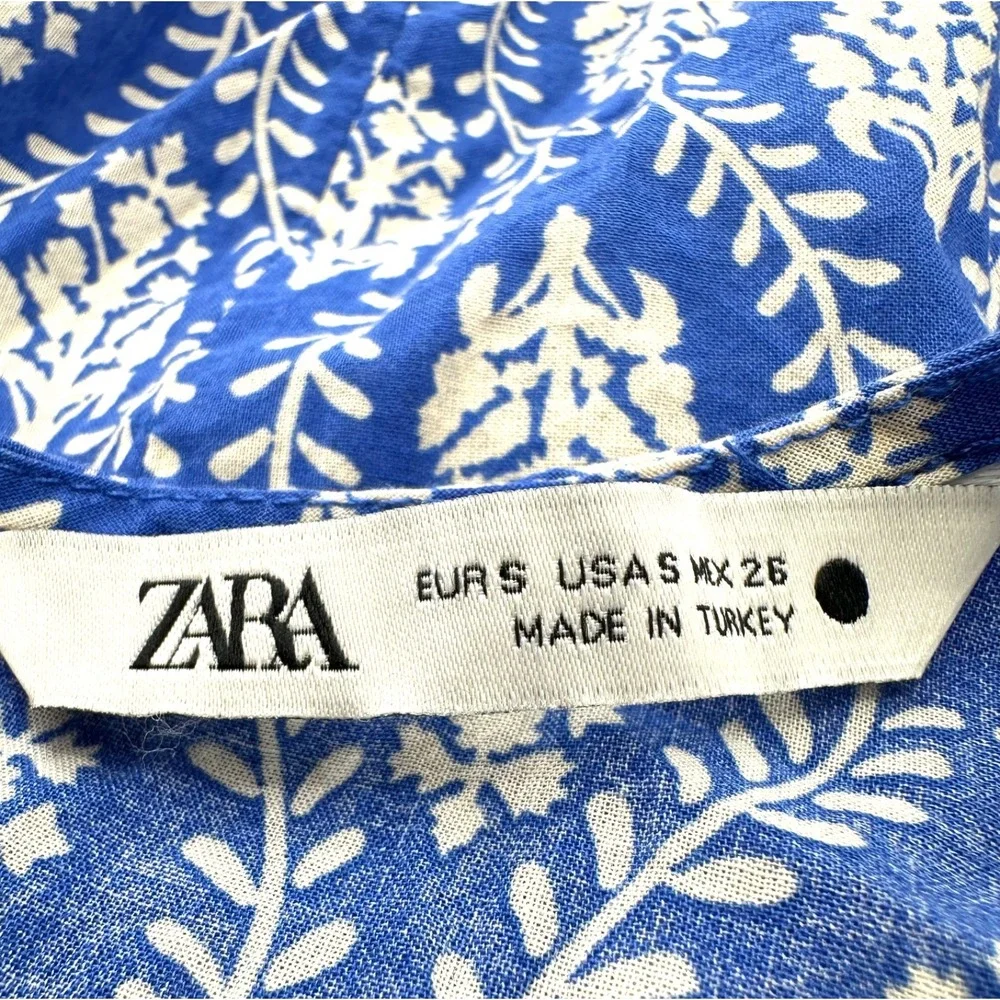 ZARA Oversized Crop Top Blue Cotton Drawstring Long Ballon Sleeves Women's Small